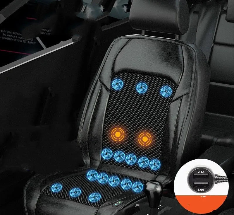 Car seat cushion with ventilation fan system showing multiple colour options and fan configurations