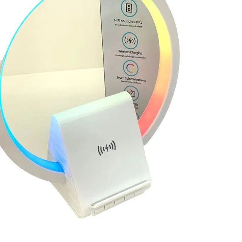 White smart Bluetooth speaker with LED ambience light and wireless charging surface