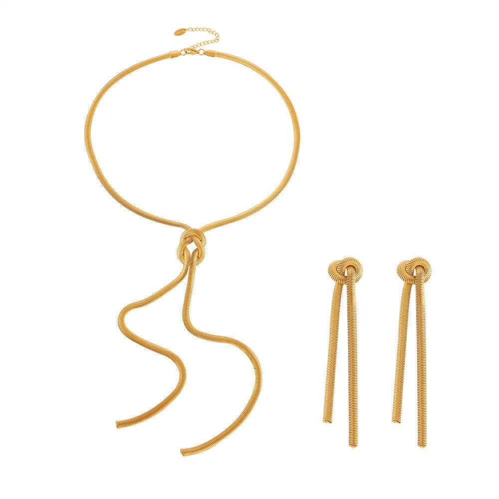 Gold knotted tassel snake chain long necklace with matching earrings set