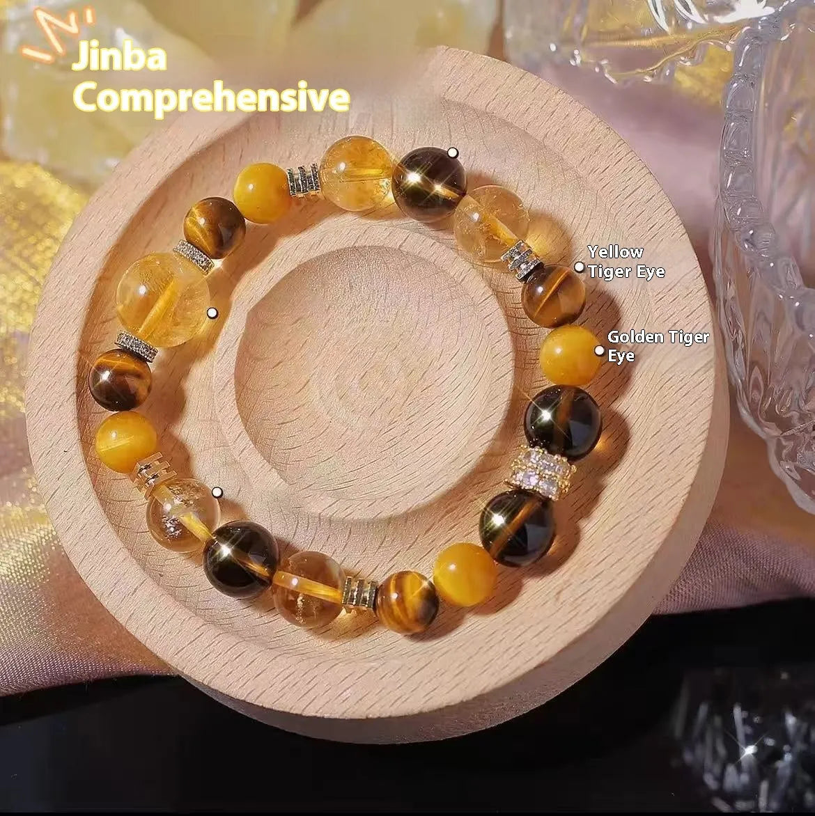Close-up of a yellow artificial crystal beaded bracelet with 10mm Jinba beads on a wrist.