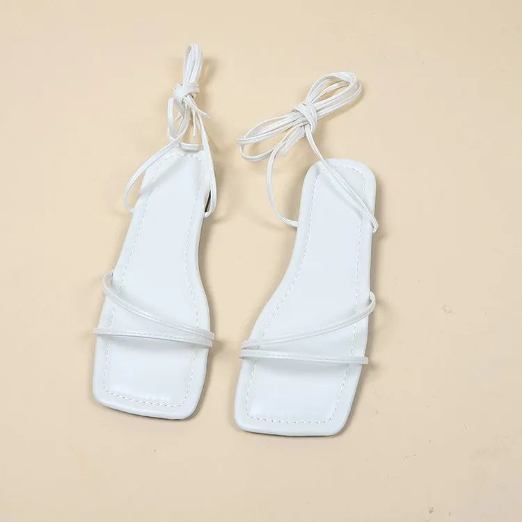 Women's ankle ring bandage cloth flat sandals with square toe design and front lace-up fastening