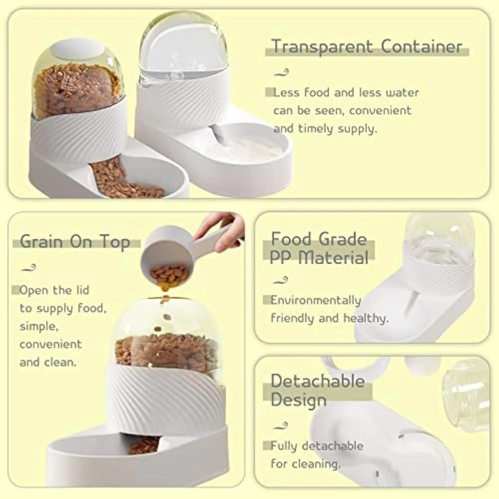 White automatic gravity cat feeder and water dispenser set with wave design shell.