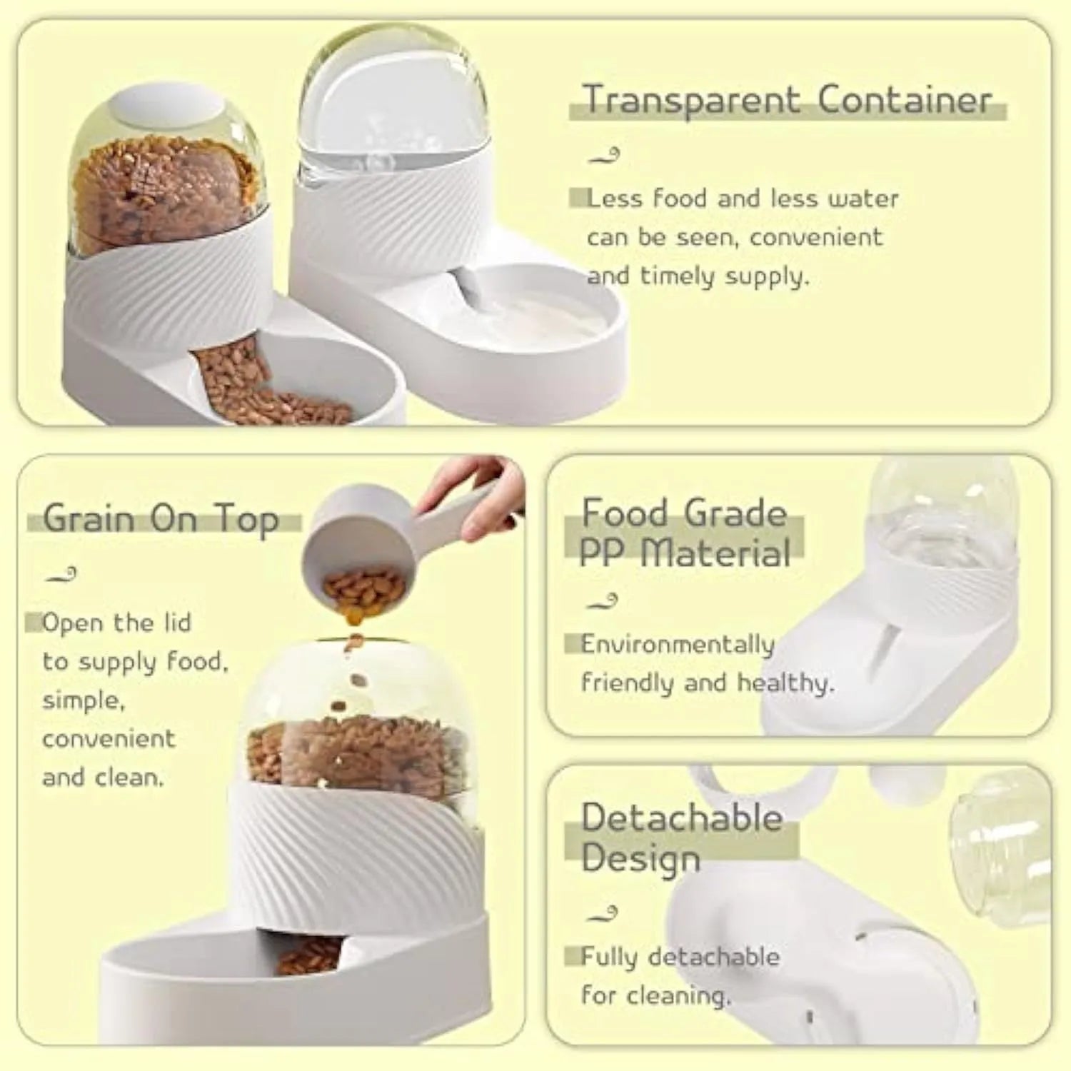 White automatic gravity cat feeder and water dispenser set with wave design shell.