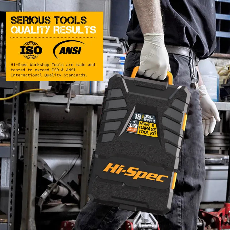 Grey yellow US style tool kit case open to show 82 pieces of chrome-vanadium steel hardware.