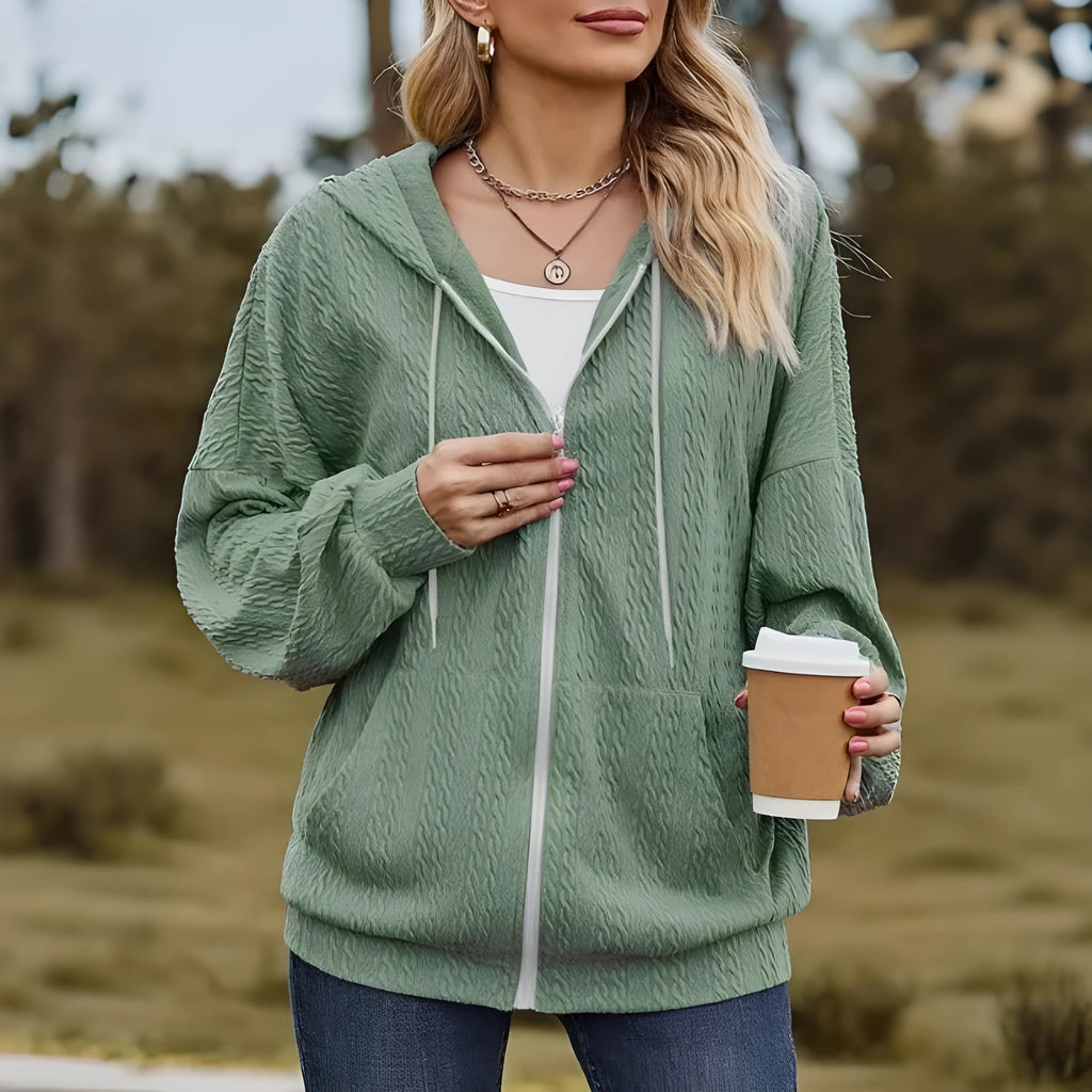 Women's green hooded zip-front sweater coat in loose casual fit for autumn and winter