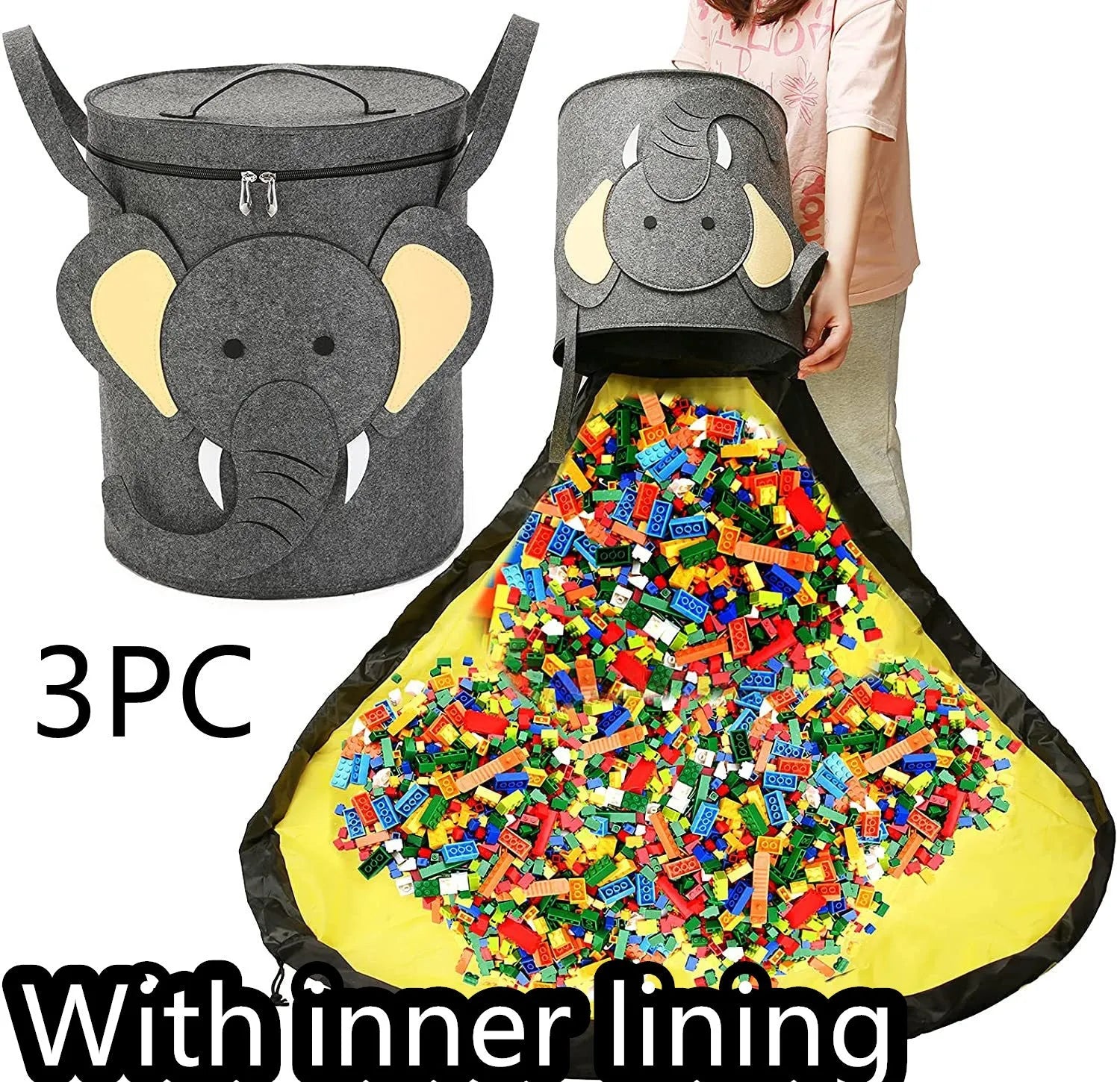 Green cube-shaped felt storage bag with a pull rope, shown as a toy organiser and play mat.
