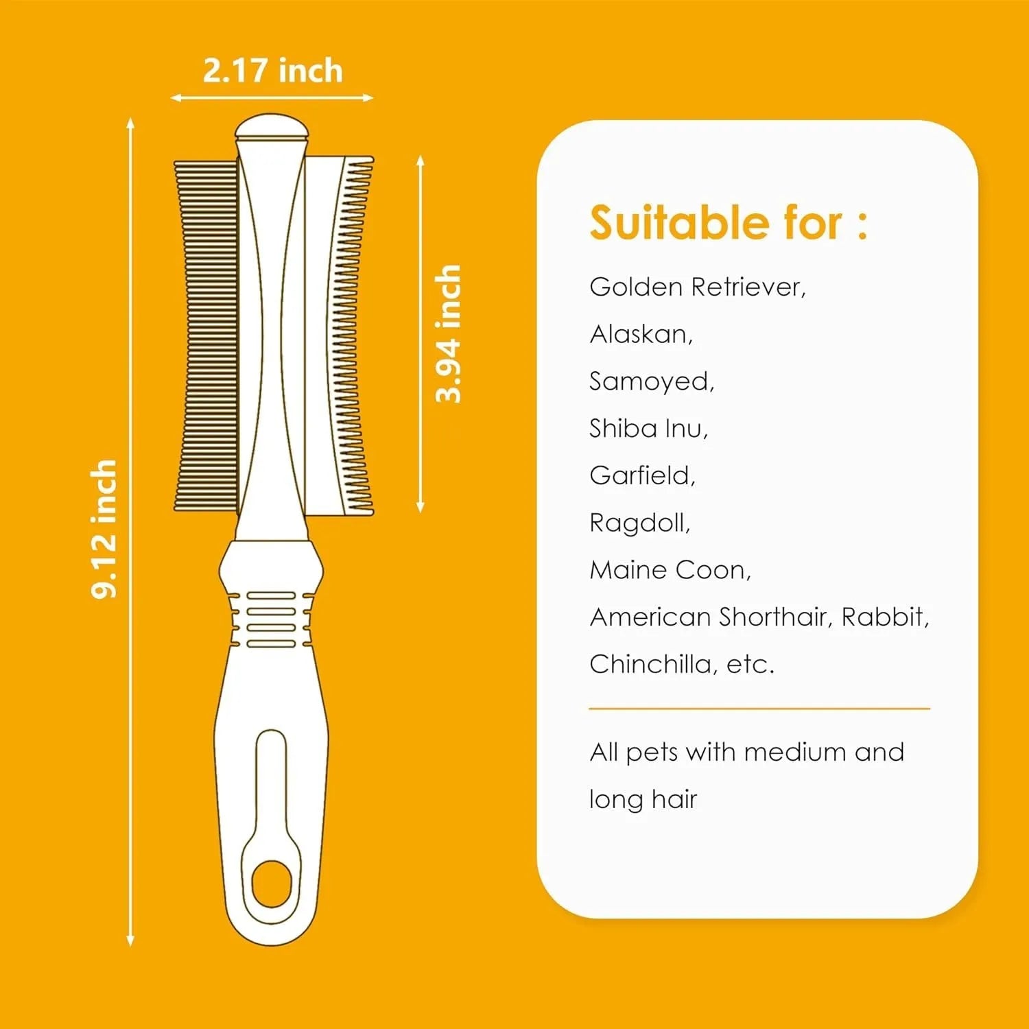 White double-sided pet brush with a curved comb on one end and a deshedding brush on the other, with a comfort-grip handle.