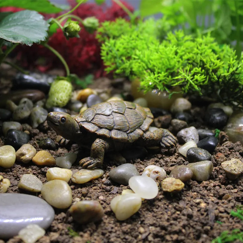 Small green and brown simulation turtle resin ornament for fairy garden and micro landscape decoration.