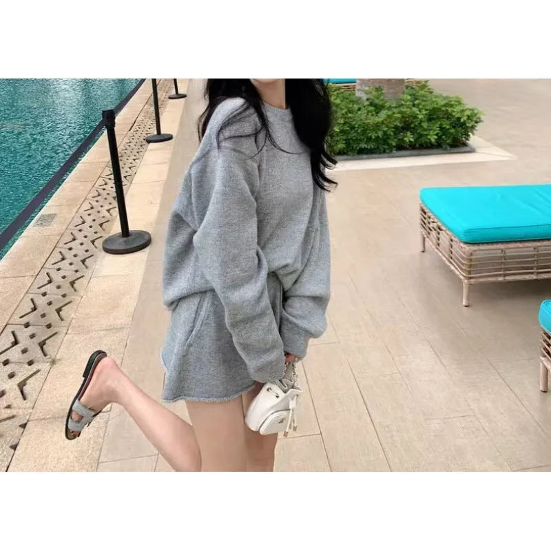 Womens loose-fitting long sleeve sweater with knitted wide leg shorts two-piece set in five colour options