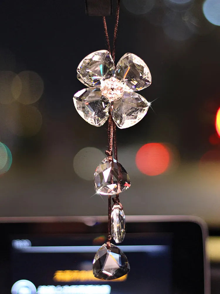 Crystal four leaf grass car pendant approximately 20cm in transparent, champagne, black or shiny finish