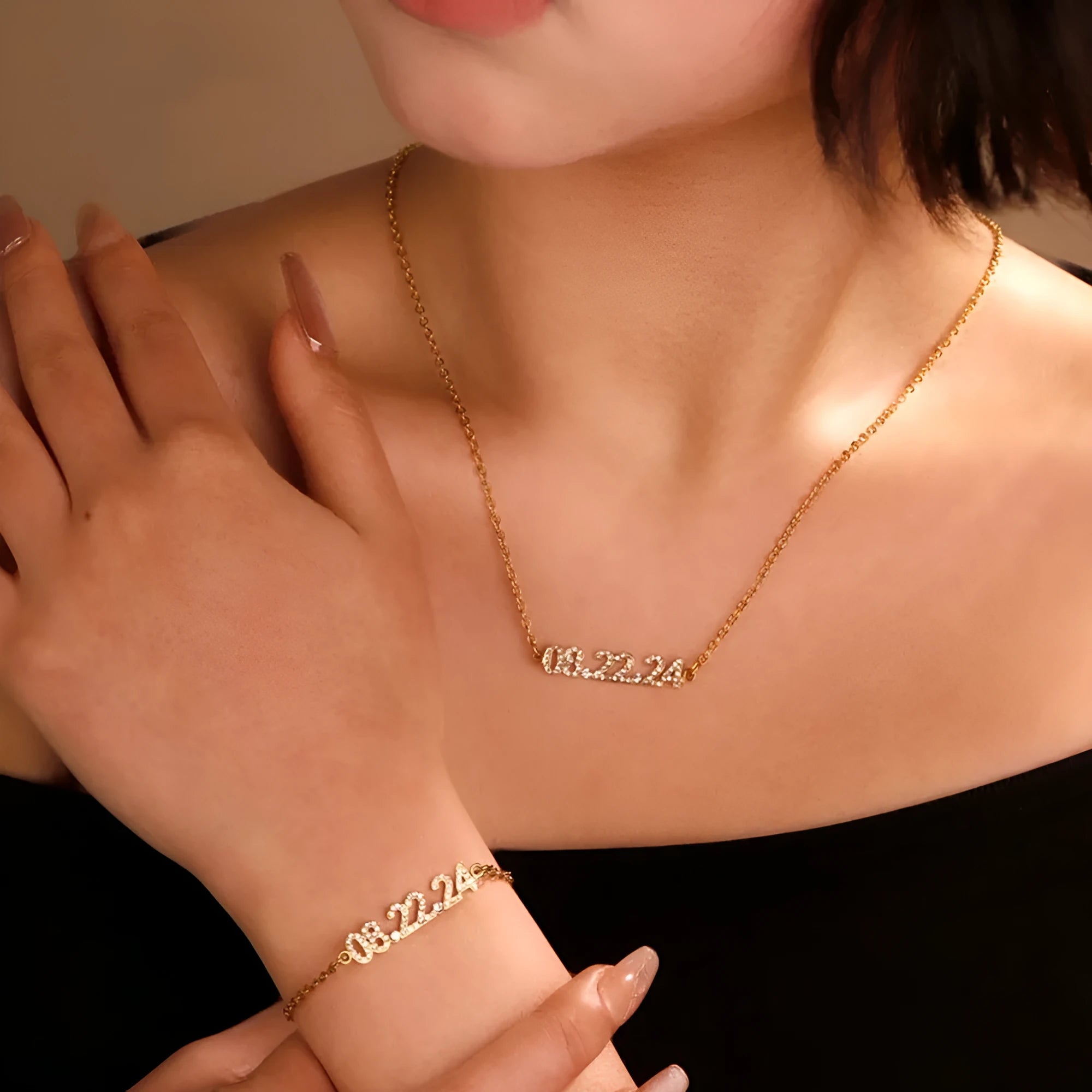Stainless steel digital bracelet with diamond-studded numbers on the face, shown in a rose gold finish.