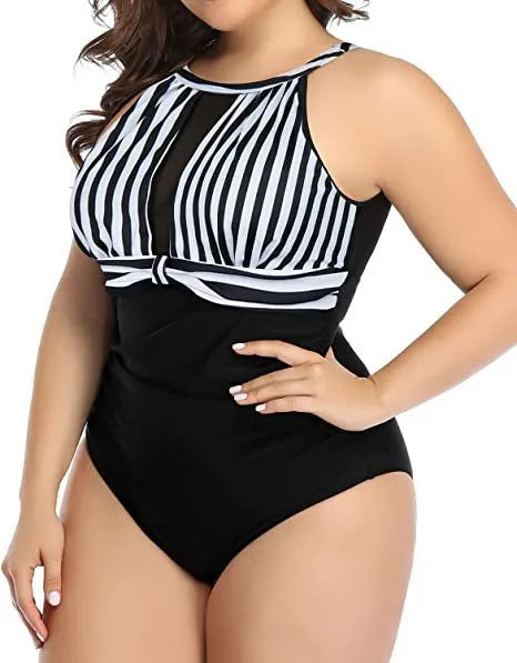Women's black lace one-piece swimsuit on a hanger, plus size, European and American fit.