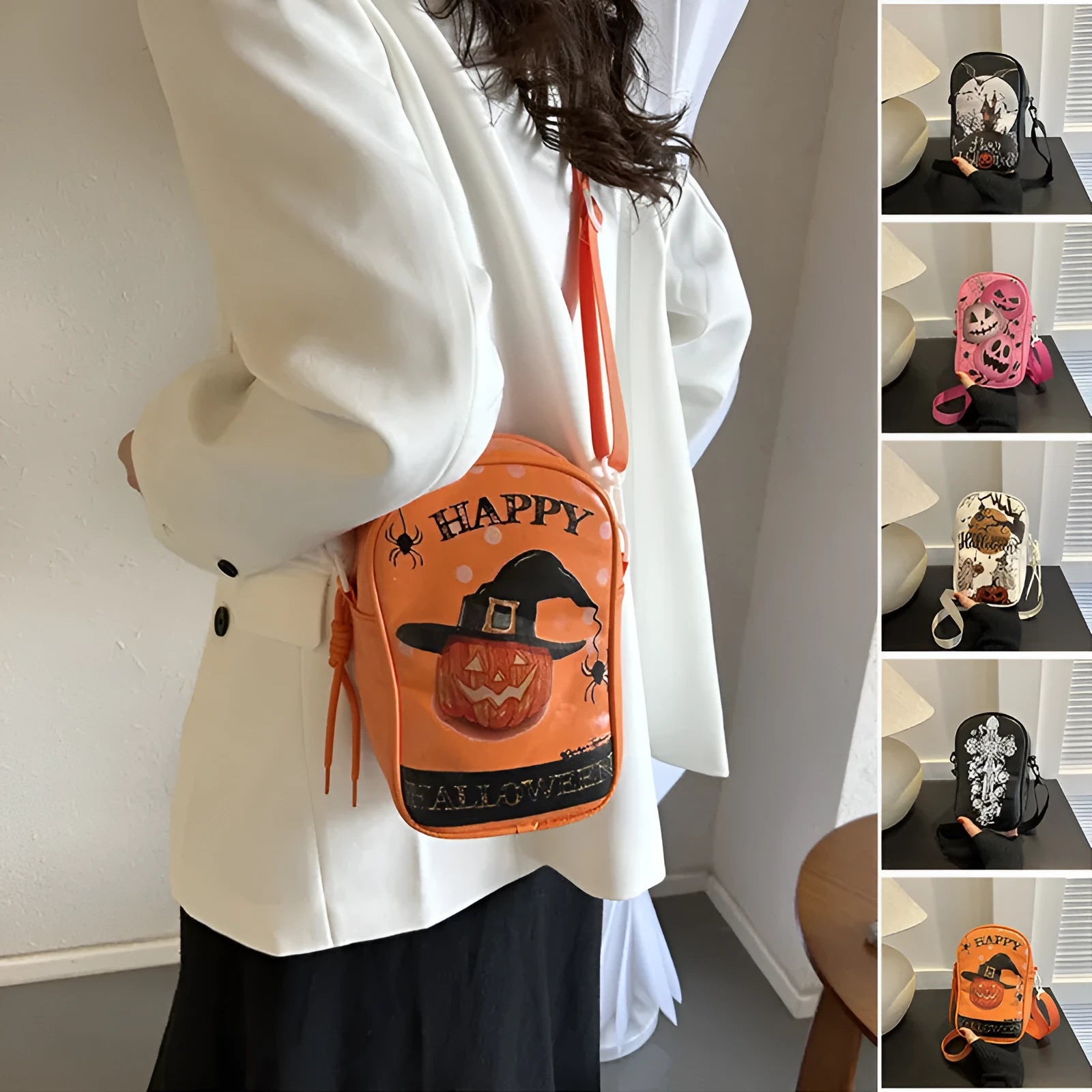 Black mini crossbody bag with Halloween cartoon print of pumpkins, ghosts, and bats.