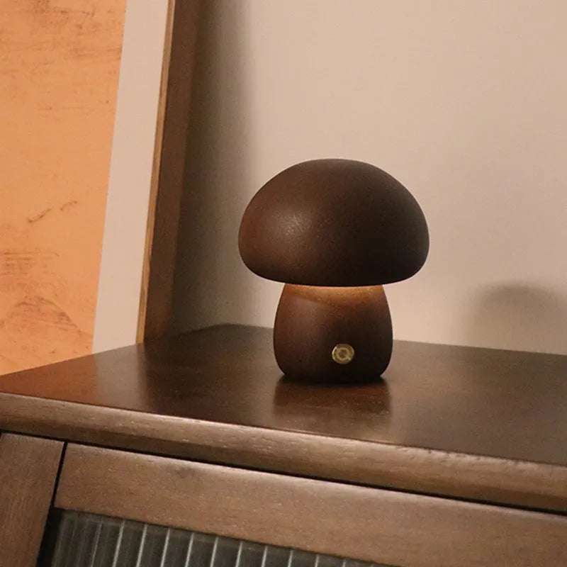 Wooden mushroom-shaped LED night light with touch switch on a bedside table, beech finish, 165 x 100 mm