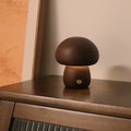 Wooden mushroom-shaped LED night light with touch switch on a bedside table, beech finish, 165 x 100 mm