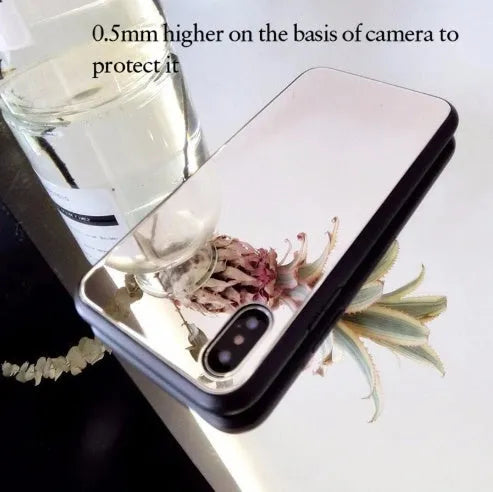 Black iPhone mirror phone case with glass back panel compatible with iPhone X, 7 and 8 Plus models