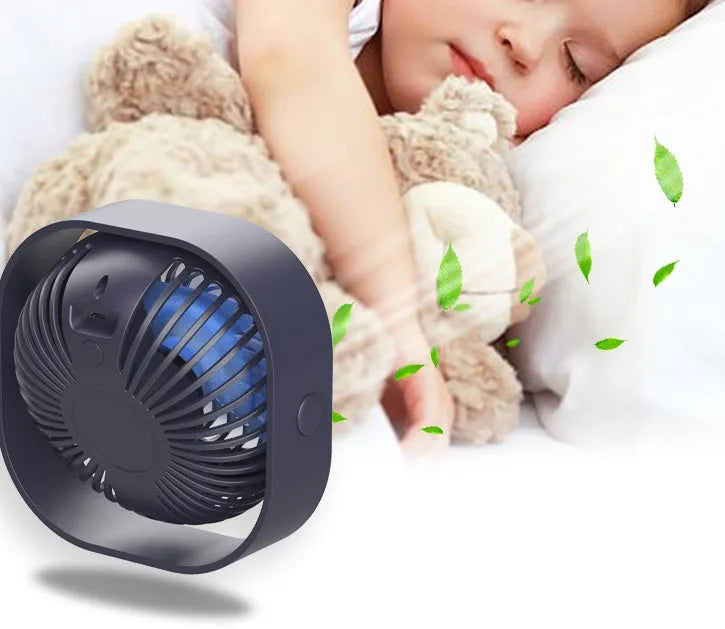 USB desk fan with alarm clock display in blue, showing rotating head on a modern base.