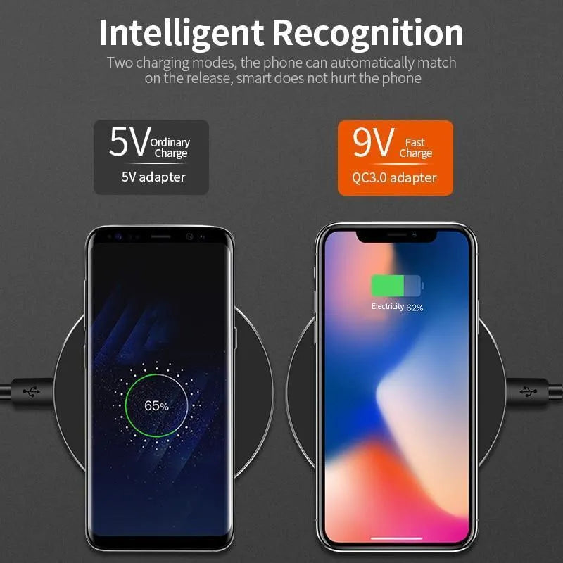 Ultra-thin black wireless fast charger with 9V QI charging and 98×98×6.5mm dimensions