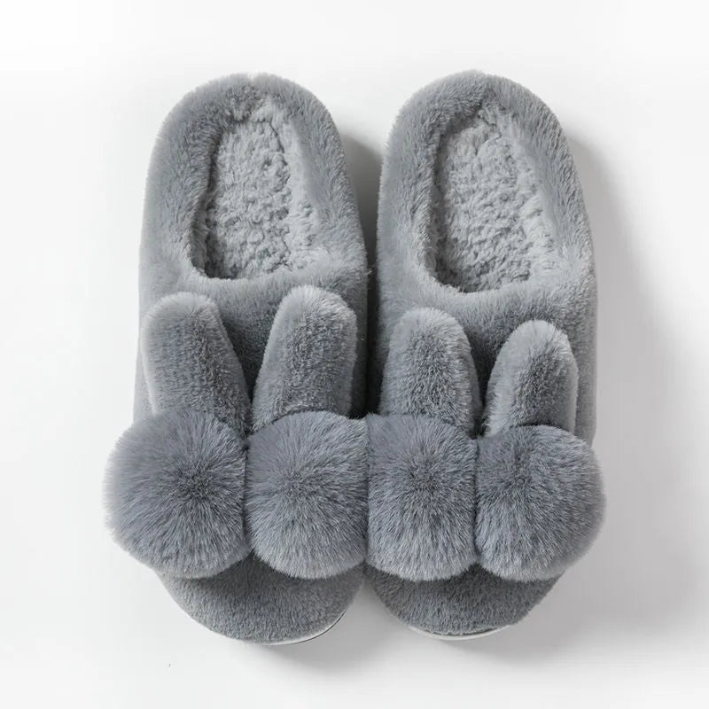 Women's fluffy rabbit fur high-top slippers with floral details and low heel