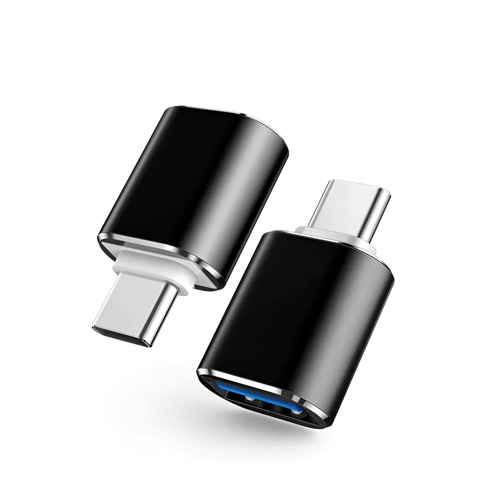 USB Type-C male to USB-A female OTG adapter shown in black, silver, and gold colour options.