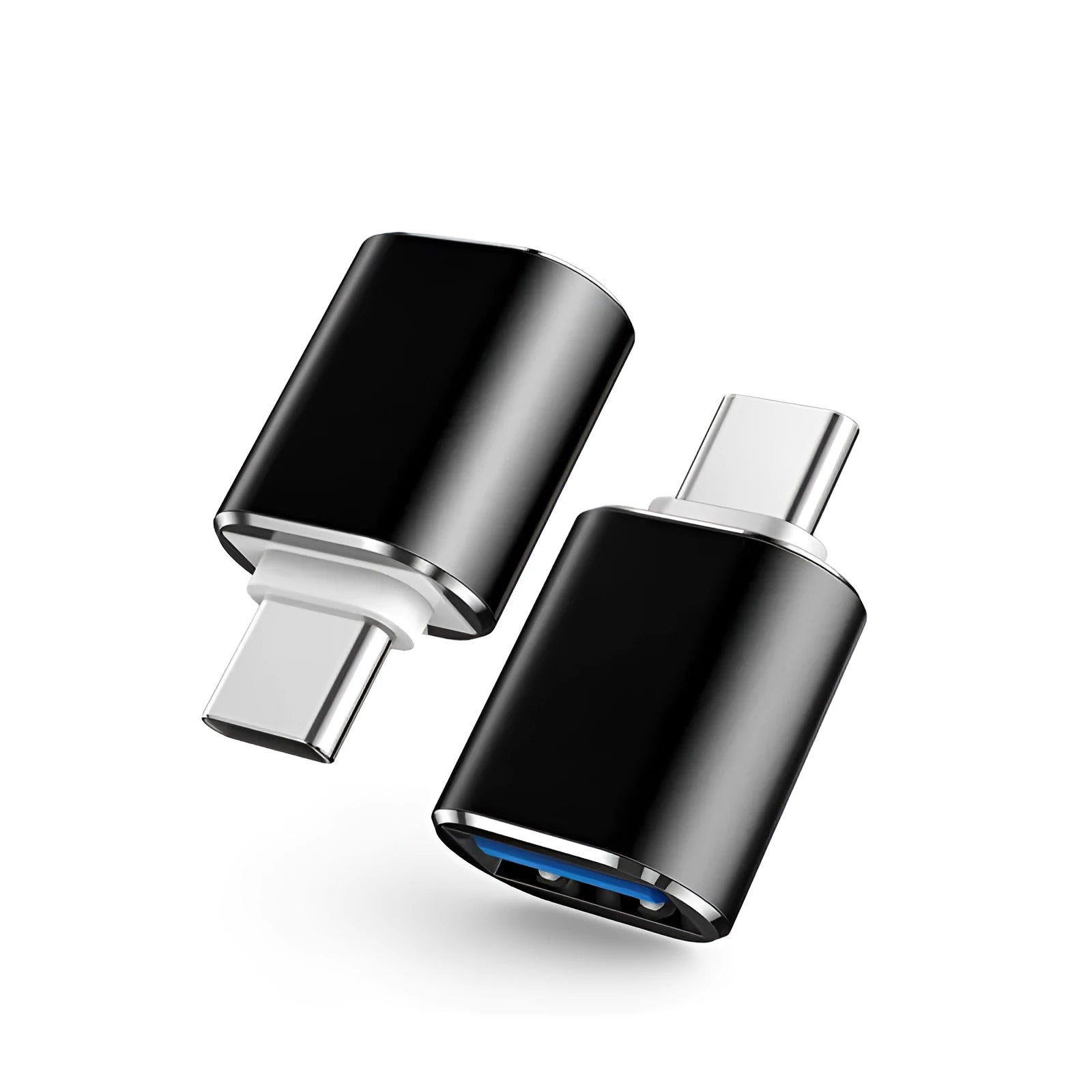 USB Type-C male to USB-A female OTG adapter shown in black, silver, and gold colour options.