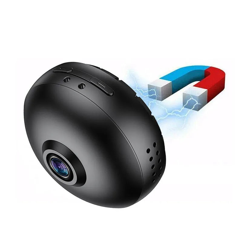 1080p wireless WiFi surveillance camera with ABS housing and USB cable on a white background.