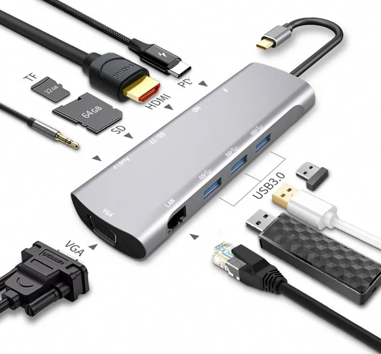 Grey aluminium USB-C docking station with HDMI, VGA, USB port, and a 140mm cable.