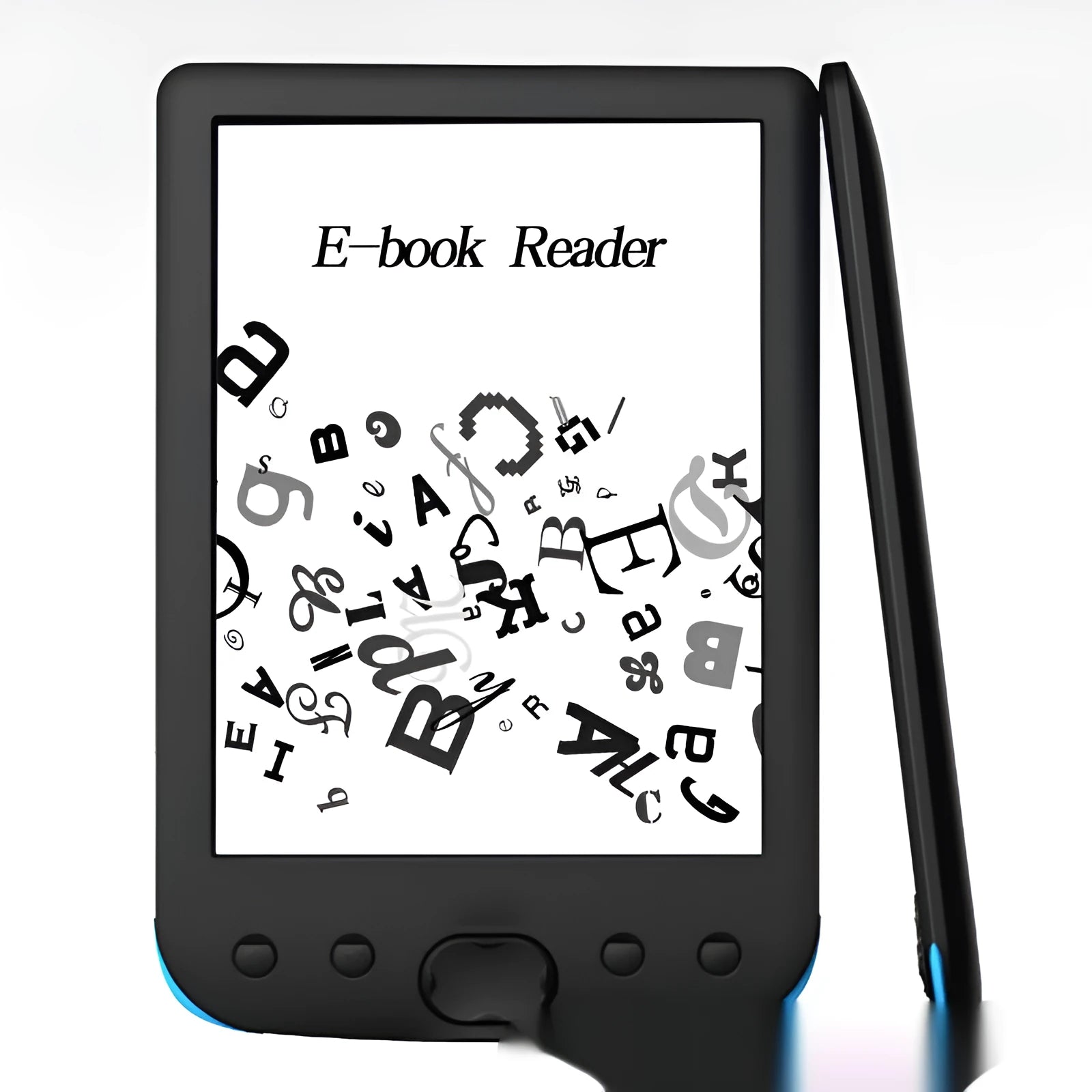 Black 6-inch E-ink e-book reader showing the screen and device from the front.