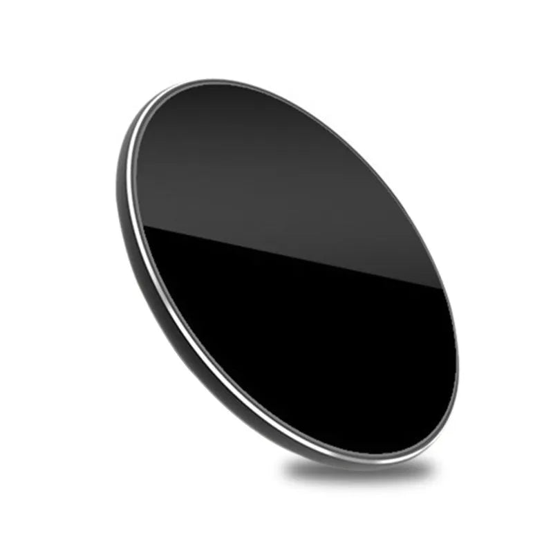 Ultra-thin aluminium wireless charger in metallic finish showing micro USB port