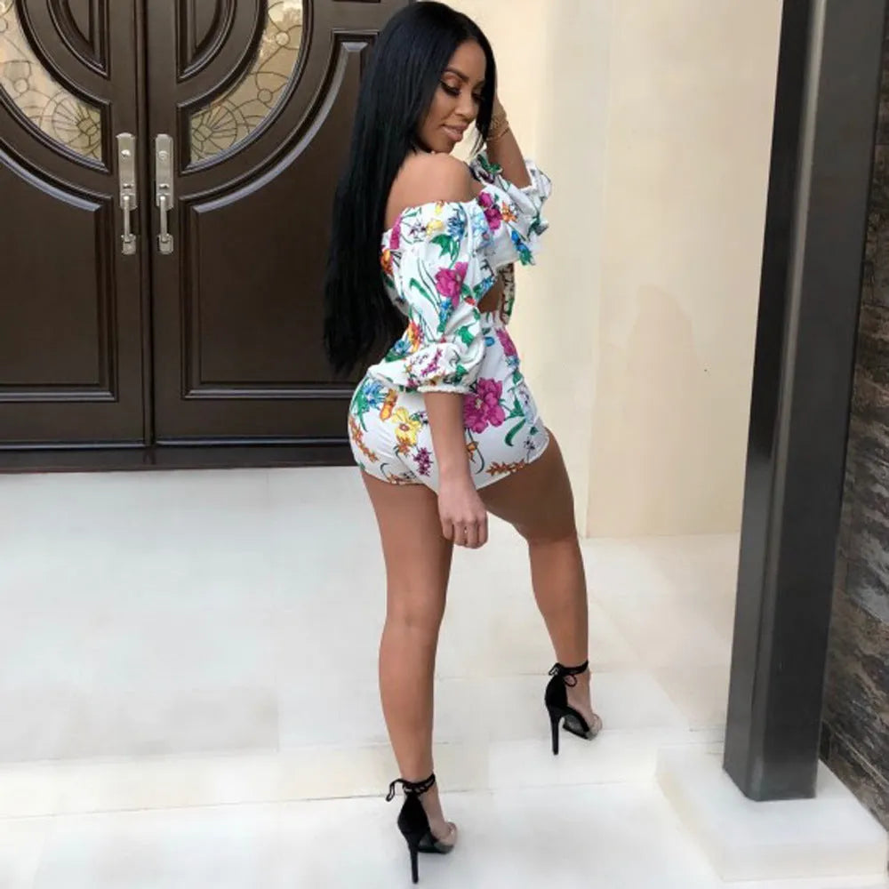 Sexy multicolour digital print two-piece set with long-sleeve pile top and matching shorts.