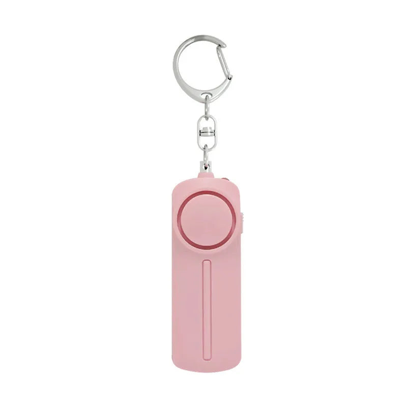 Pink personal safety alarm keychain with activation button showing dimensions.