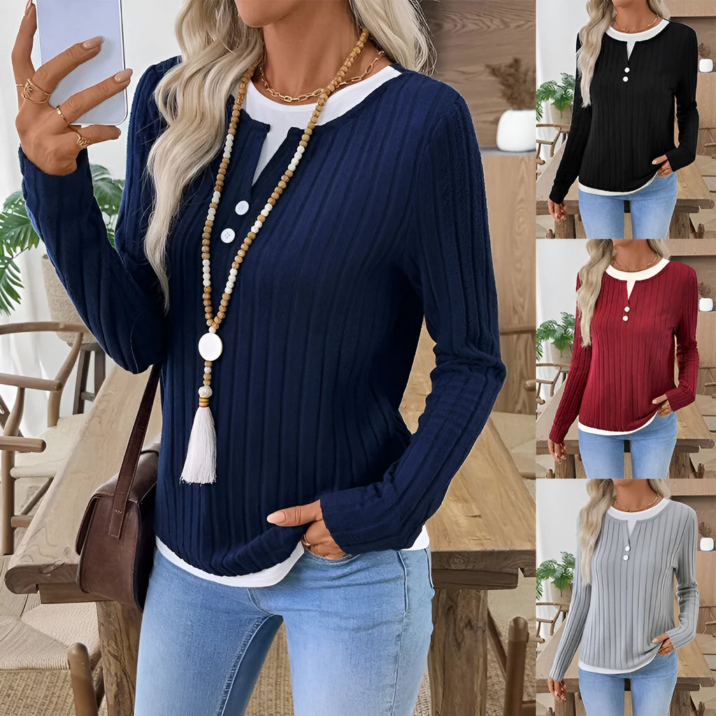 Women's fake two-piece round neck pullover sweater with button details in concave stripe polyester fabric