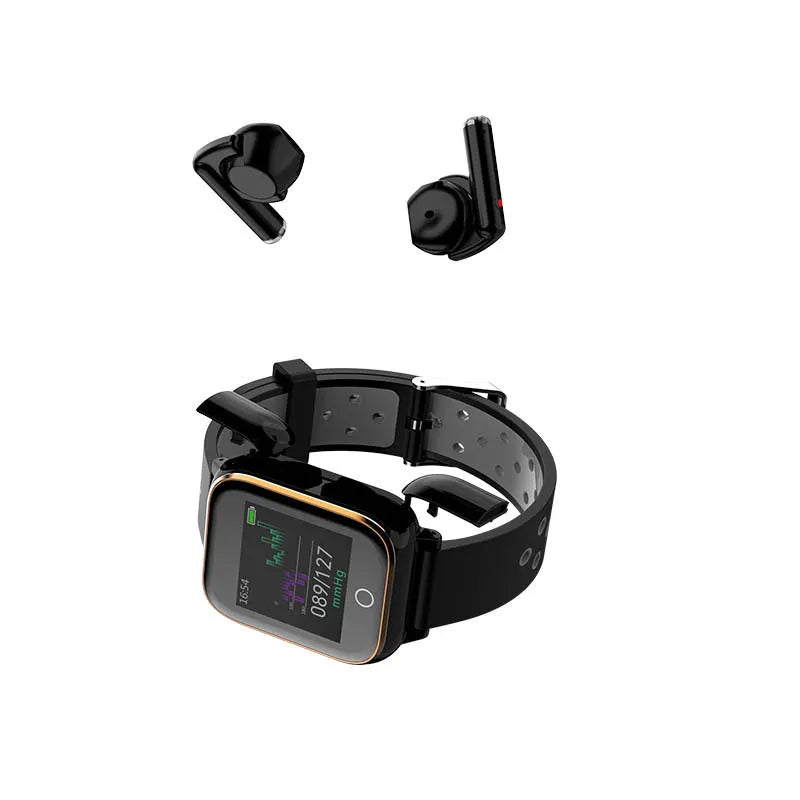 Black smartwatch with removable Bluetooth earbuds stored in watch case showing health monitoring display