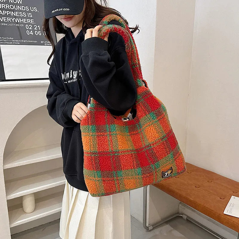 Women's plaid crossbody tote bag showing orange, purple, and army green options with large capacity design