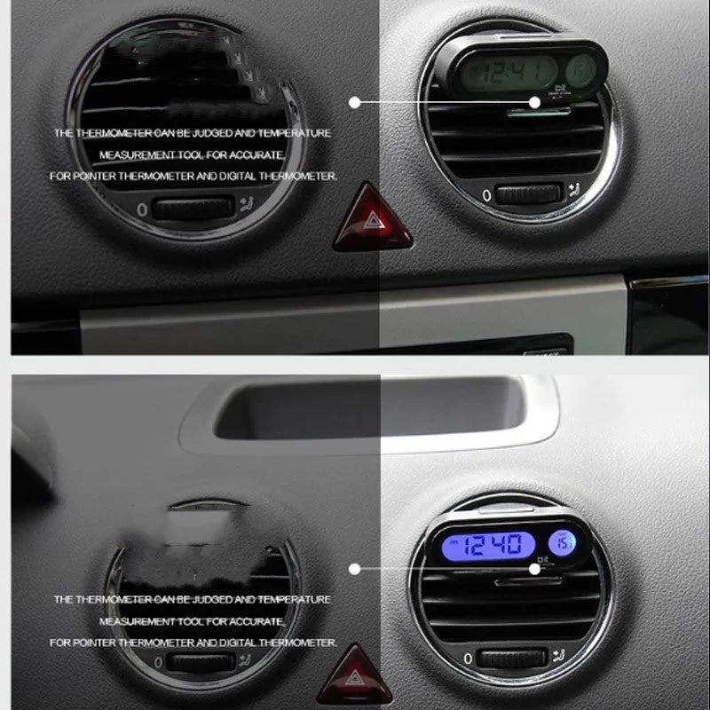 Black car digital clock thermometer with luminous display on adjustable bracket showing time and temperature