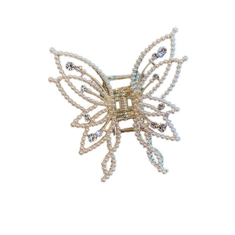 Butterfly design hair barrette for women with alloy construction and decorative rhinestone or pearl styling