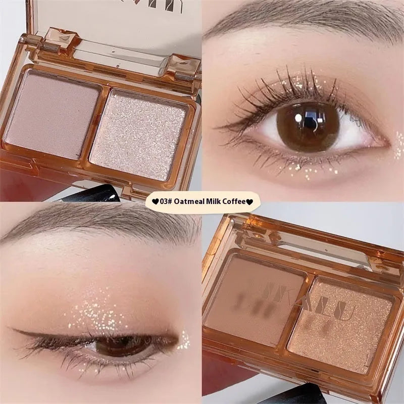 Two-tone eye shadow cosmetic plate showing matte and shimmer sections in pink and black colour combination