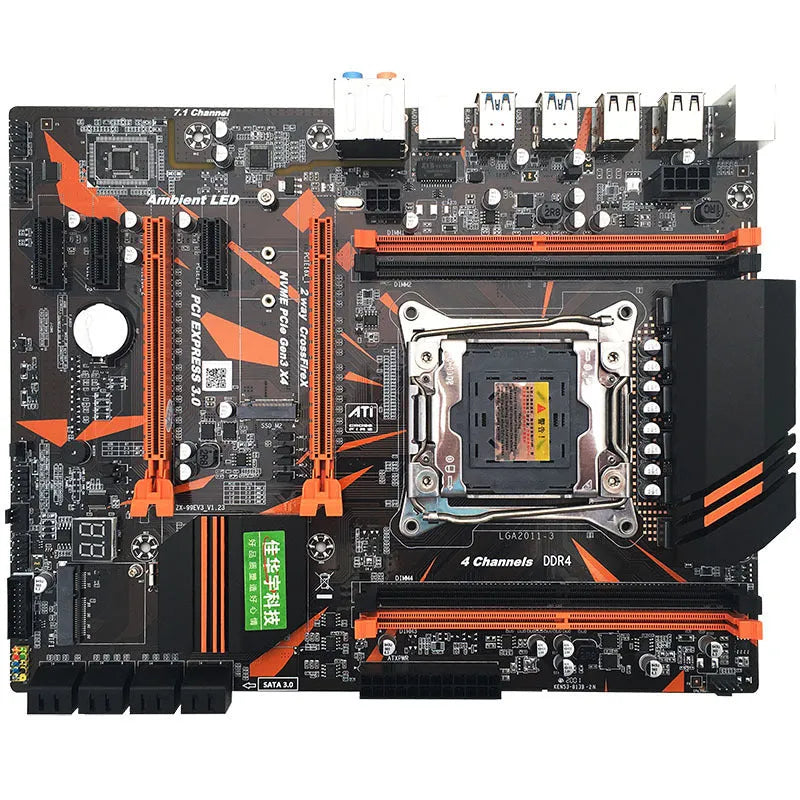 X99 computer motherboard with LGA2011-3 socket, four DDR4 slots, PCI-E expansion, and black PCB