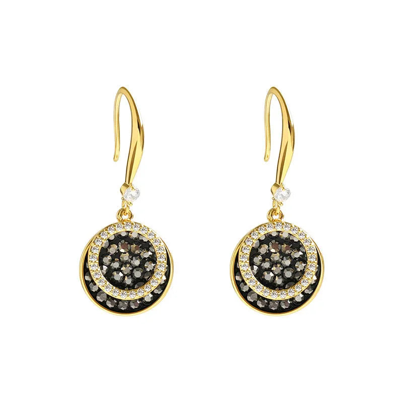 Black geometric round earrings with a retro Hong Kong style, 3.6cm long.