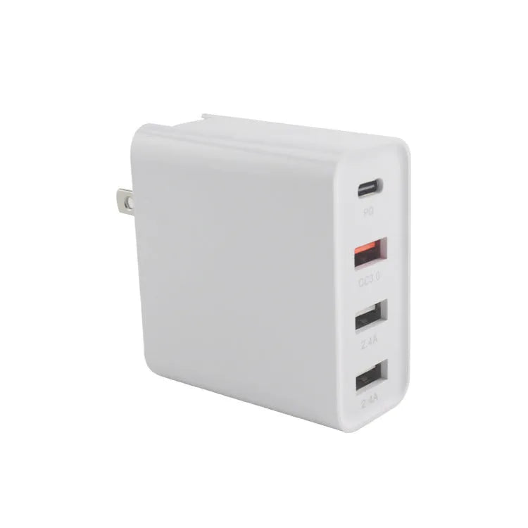 Black 48W four-port USB-C PD fast charger with LED indicators showing charging status