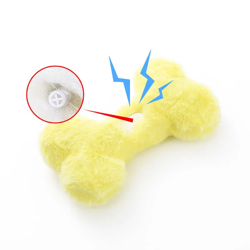 Blue love bone shaped dog plush toy with a squeaker, shown next to pink and yellow colour options.