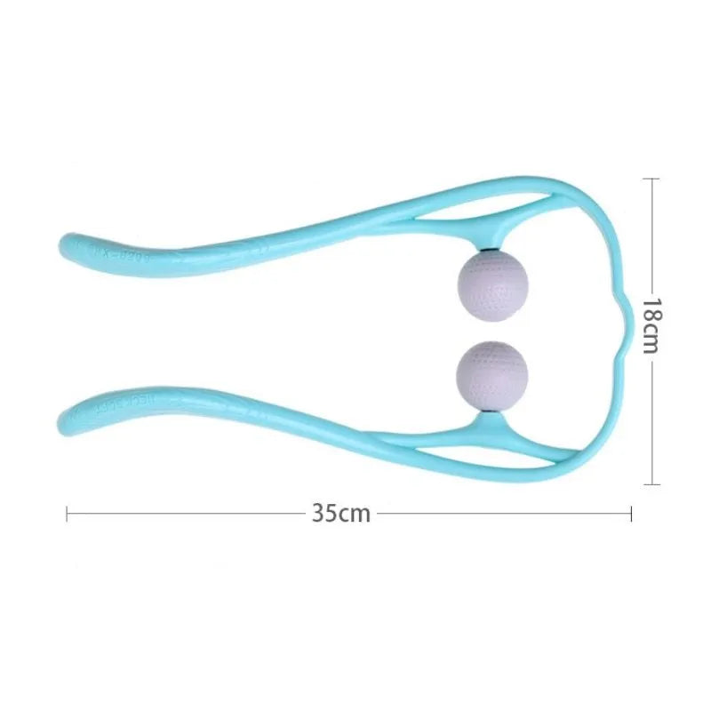 Blue plastic handheld neck and shoulder massager with adjustable stand and removable soft head on a white background.