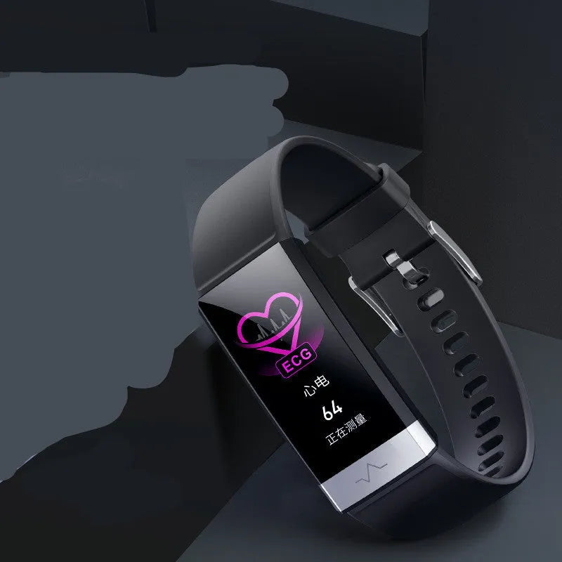 V19 smart fitness bracelet with coloured TPU strap on a wrist, showing its display and ECG sensor.