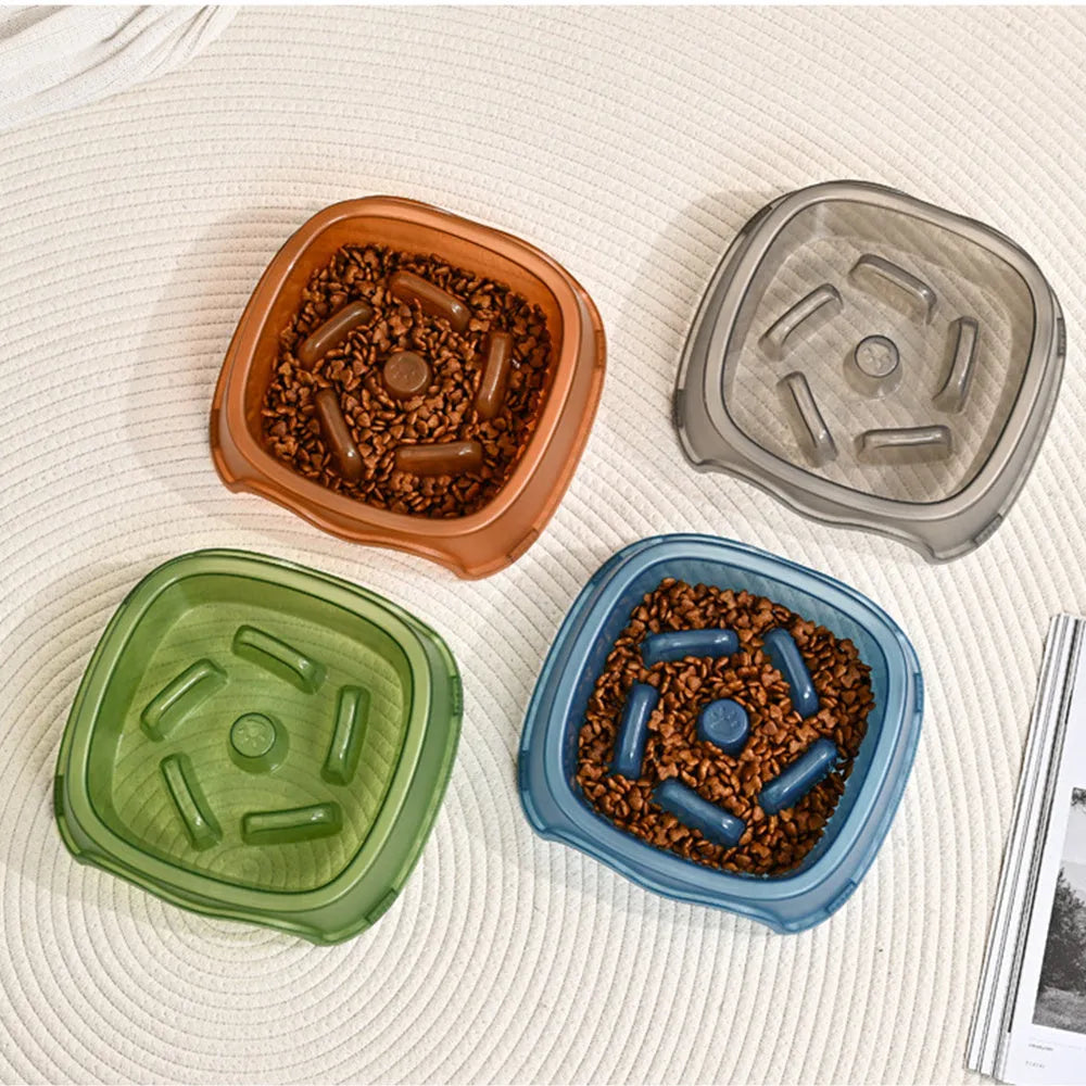 Slow feeder anti-choking dog bowl with maze pattern in blue, grey, green, or orange colour options