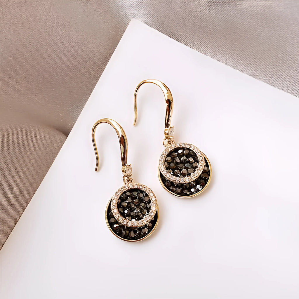 Black geometric round earrings with a retro Hong Kong style, 3.6cm long.