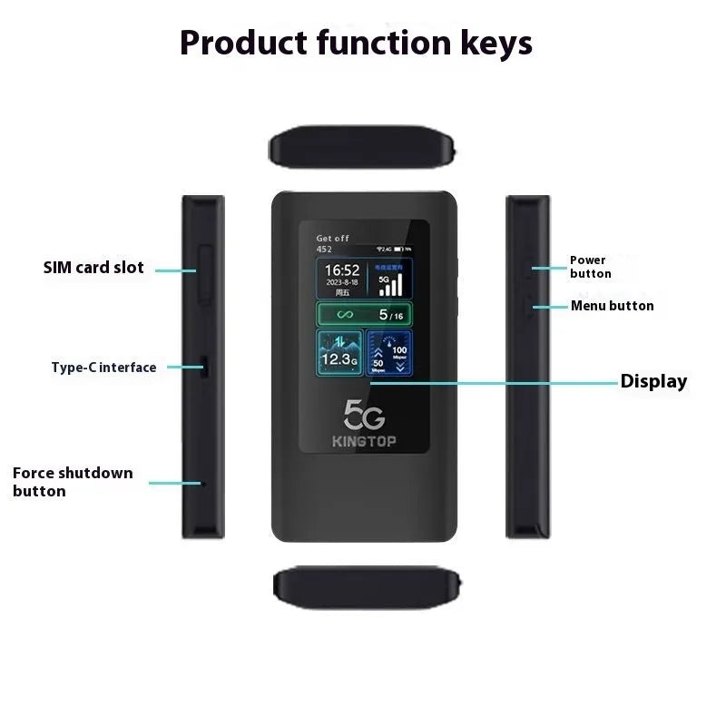 Black 5G portable Wi-Fi router with LCD display and TYPE-C port