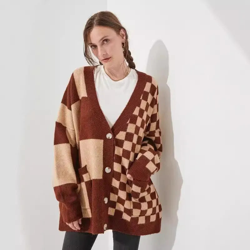 Women's loose fit printed checks cardigan knitwear in grey colour with open front design
