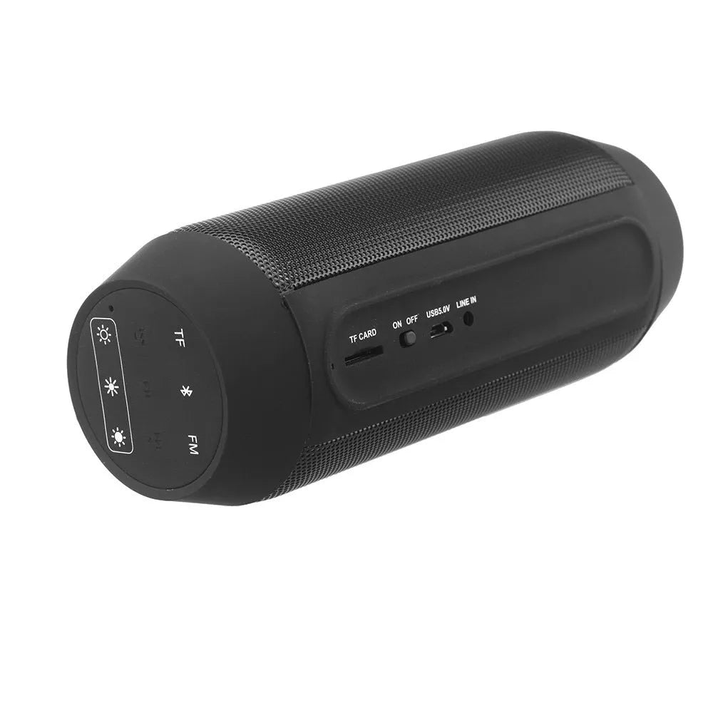 Small black or white portable Bluetooth speaker with a ring of colourful LED lights around its base.