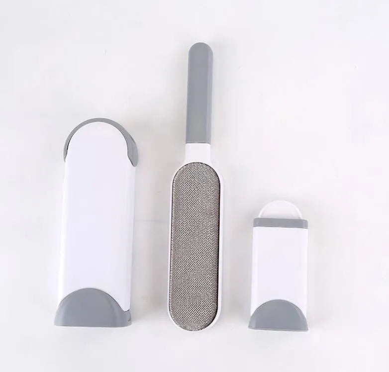 Blue reusable pet hair removal comb with double-sided lint brush and self-cleaning base
