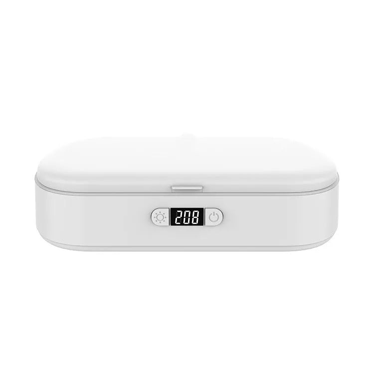 White ABS plastic UV steriliser and wireless charging box for phones and small items.